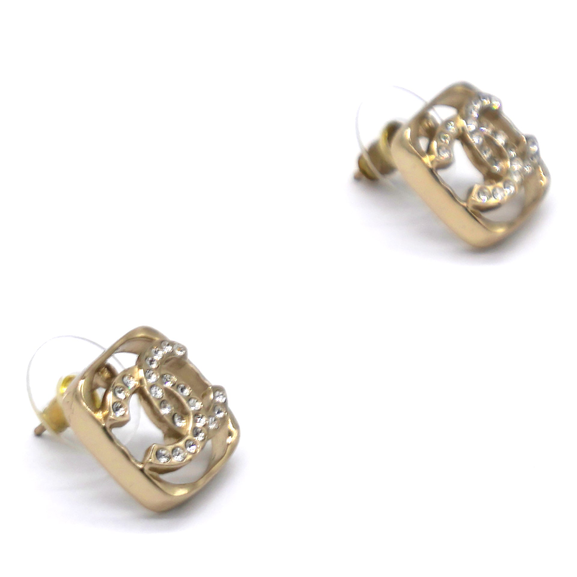 Gold And Crystal CC Square Logo Earrings