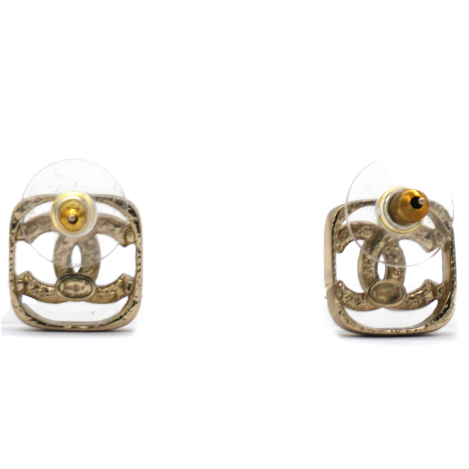 Gold And Crystal CC Square Logo Earrings