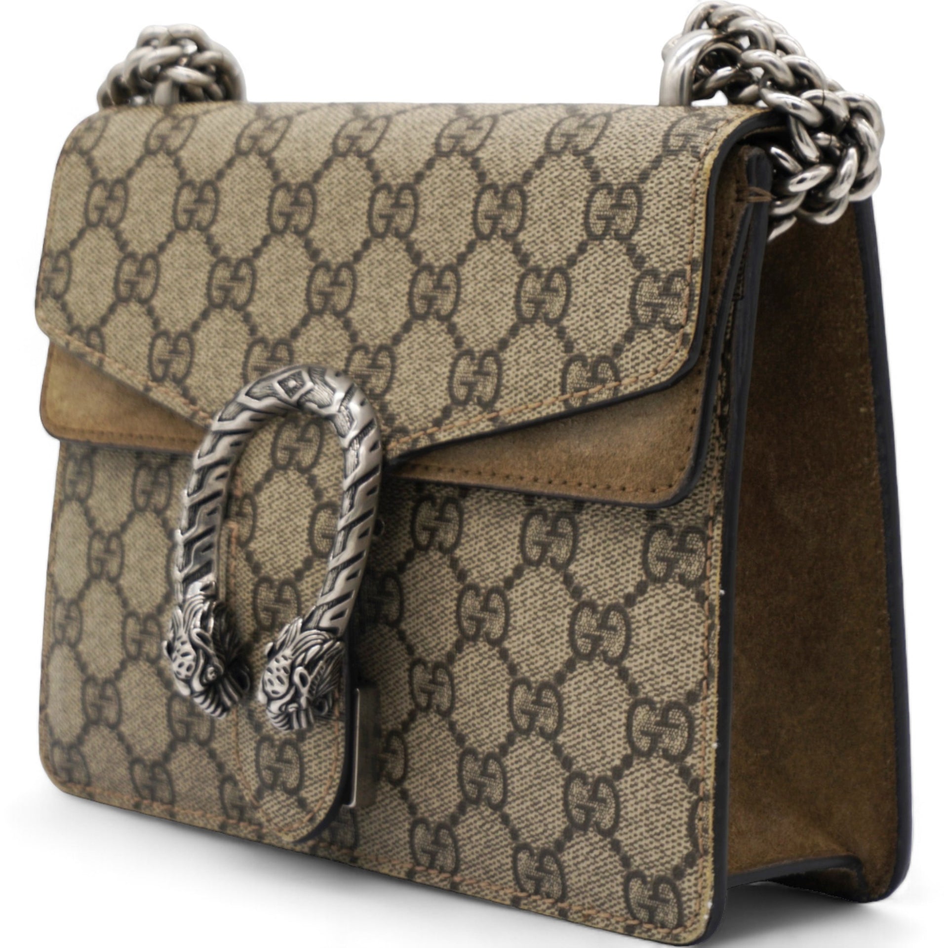 GG Supreme Monogram Suede Crystal Dionysus Shoulder Bag Beige Ebony Taupe Mini