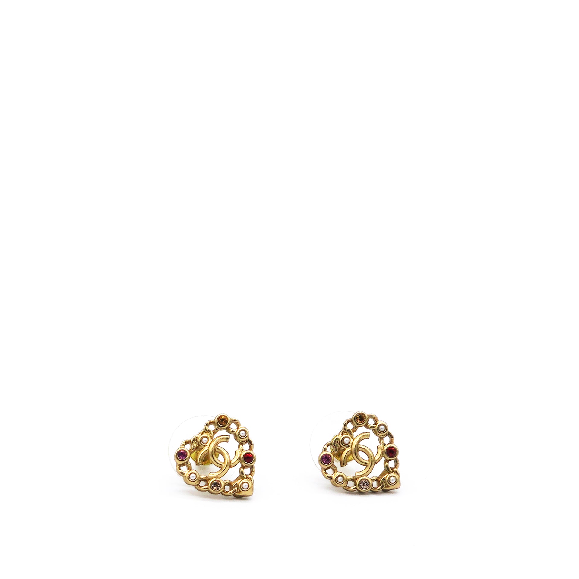 Pearl Crystal CC Heart Earrings Gold Multicolor