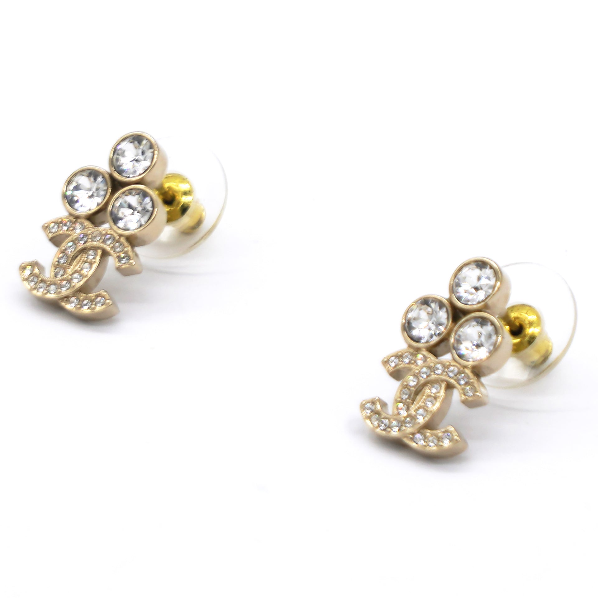 Gold 3 Round Crystal CC Small Piercing Earrings