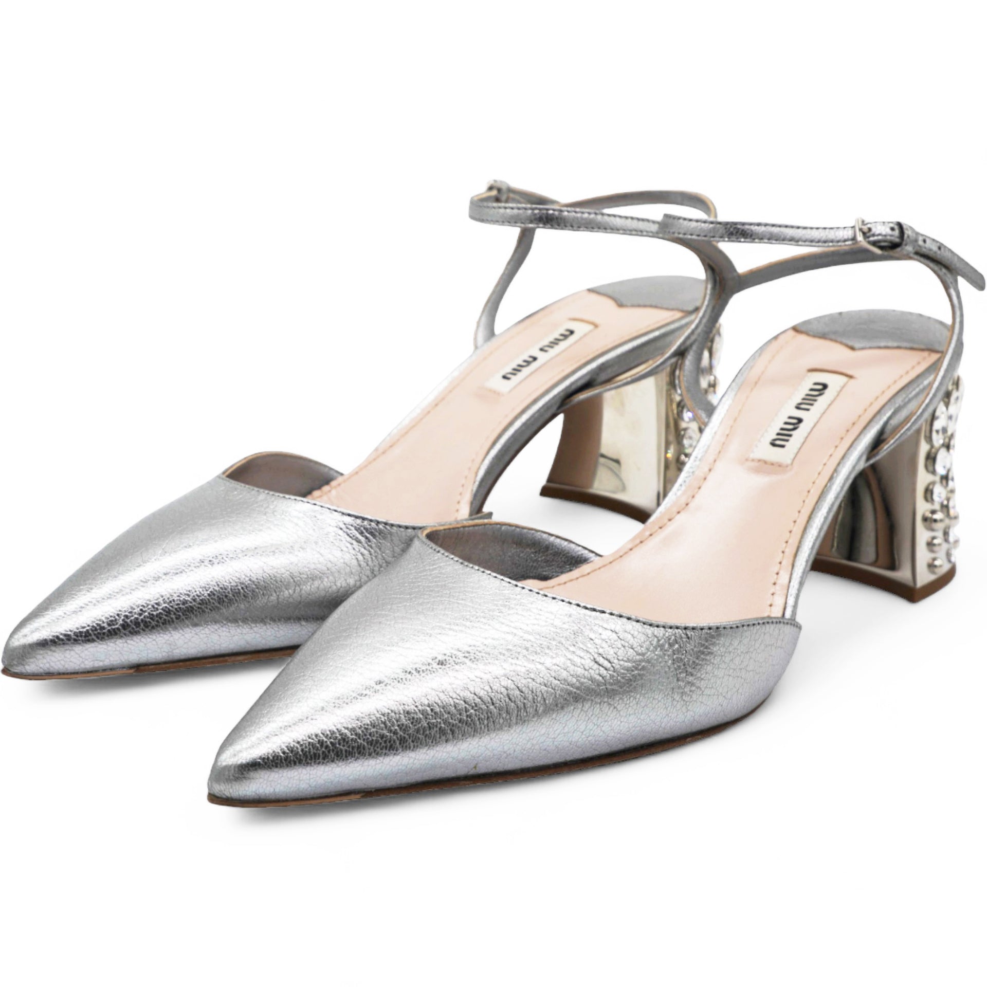 Silver Leather Jewel Embellished Block Heel Ankle Strap Pumps Size 38.5