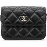 Calfskin Quilted Maxi Pearls Card Holder Flap With Chain Black