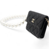 Calfskin Quilted Maxi Pearls Card Holder Flap With Chain Black