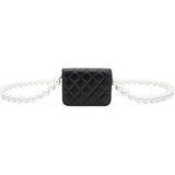 Calfskin Quilted Maxi Pearls Card Holder Flap With Chain Black