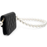 Calfskin Quilted Maxi Pearls Card Holder Flap With Chain Black