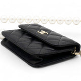 Calfskin Quilted Maxi Pearls Card Holder Flap With Chain Black