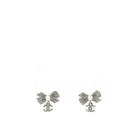 Crystal CC Bow Drop Earrings Silver