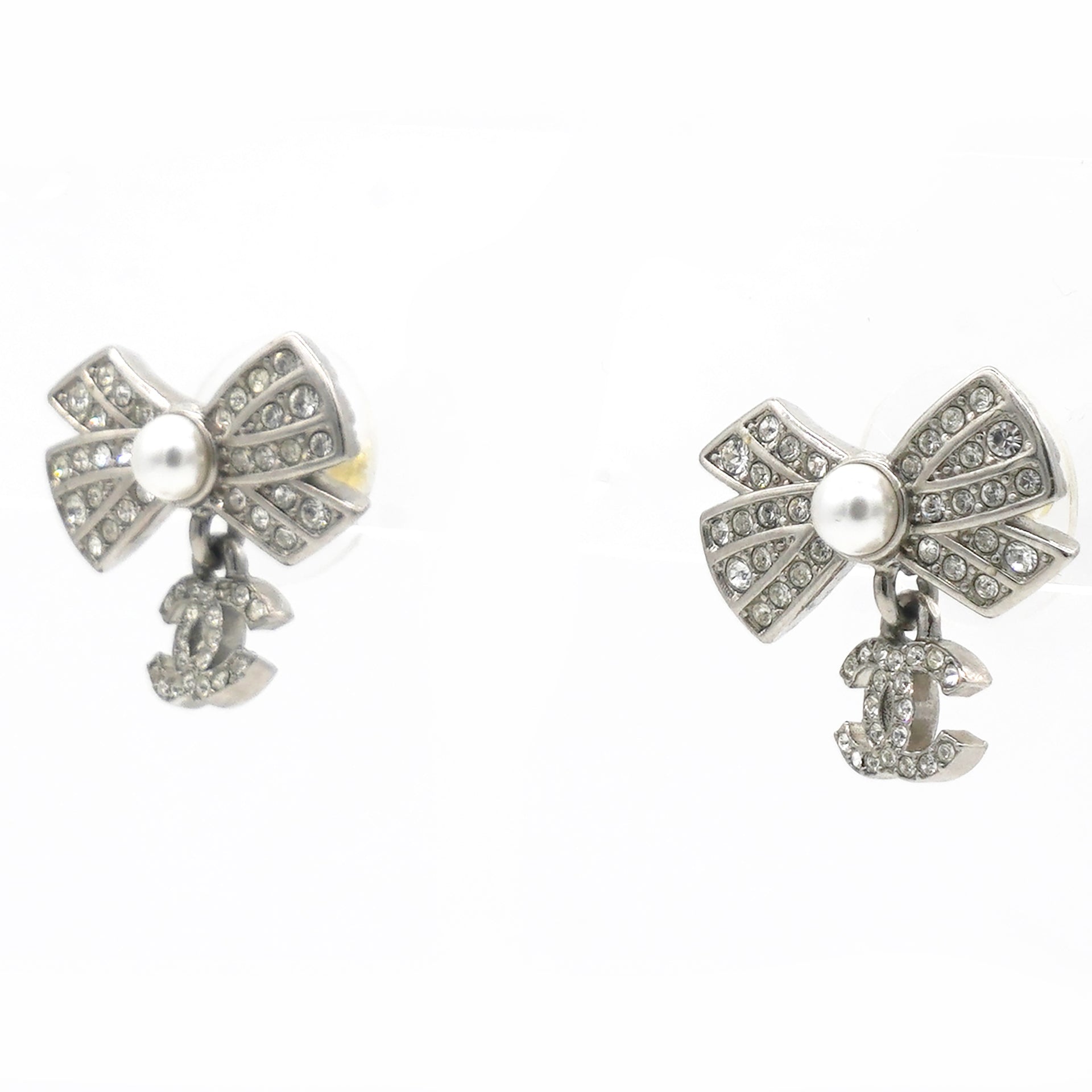 Crystal CC Bow Drop Earrings Silver