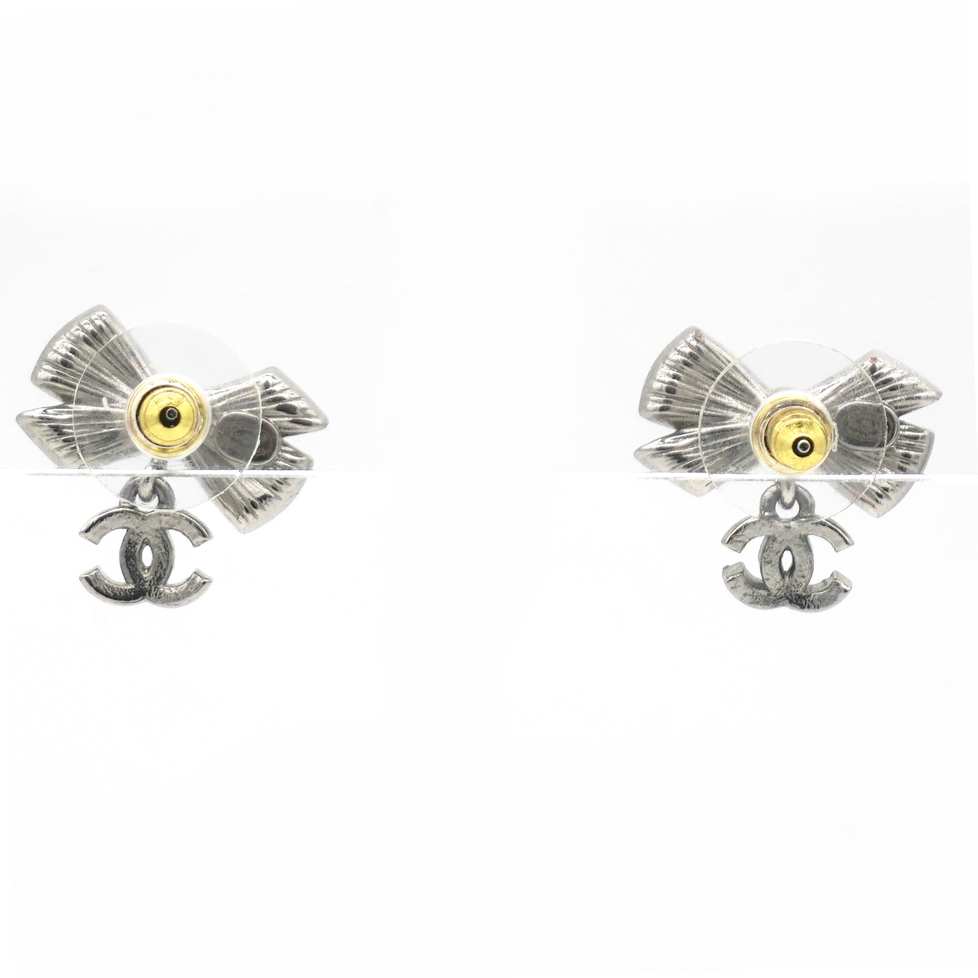 Crystal CC Bow Drop Earrings Silver