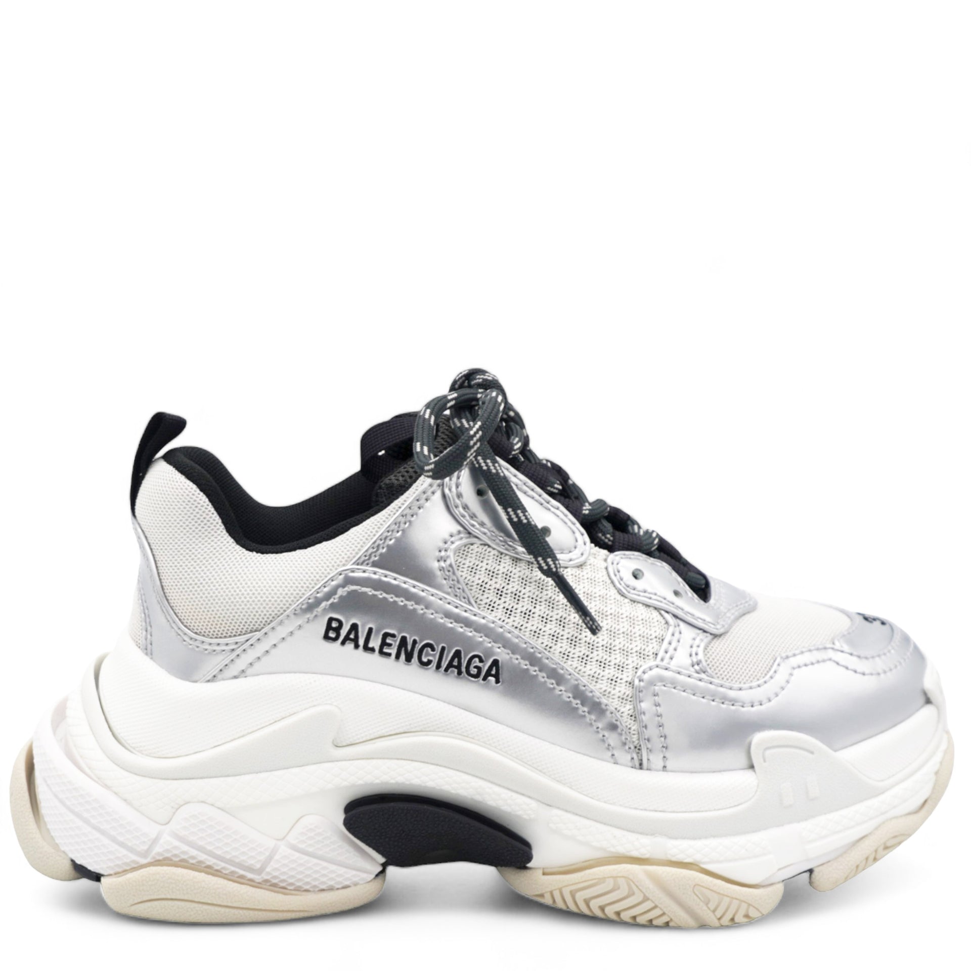 Balenciaga Metallic Fabric Mesh Womens Triple S Sneakers Grey Dark Grey Black 37 STYLISHTOP