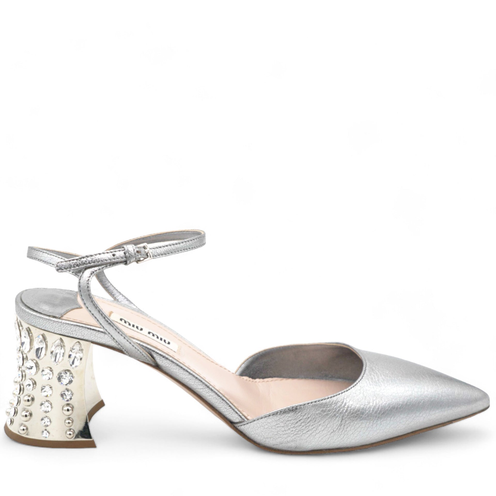 Silver Leather Jewel Embellished Block Heel Ankle Strap Pumps Size 38.5