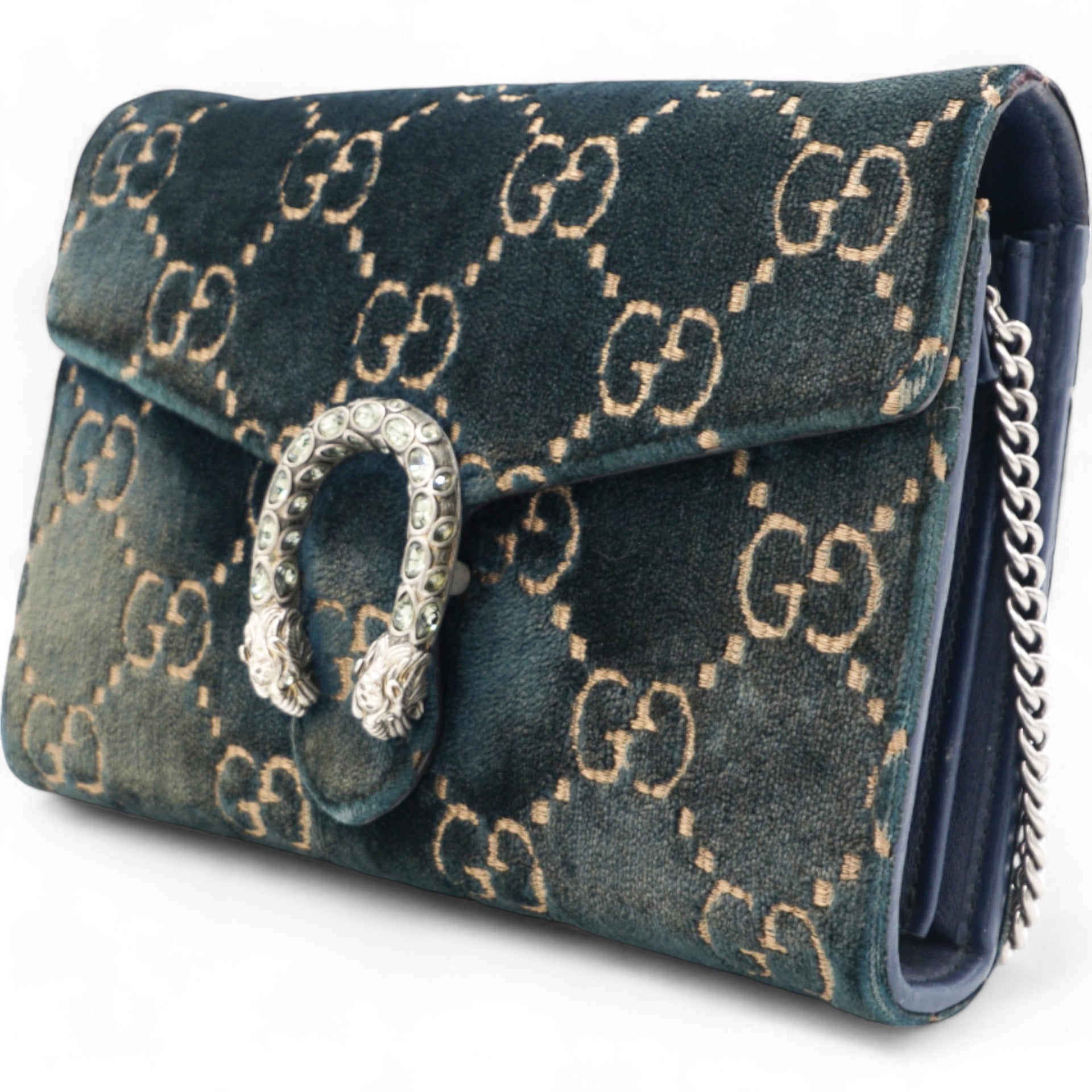 Velvet Crystal GG Monogram Dionysus Chain Wallet Blue