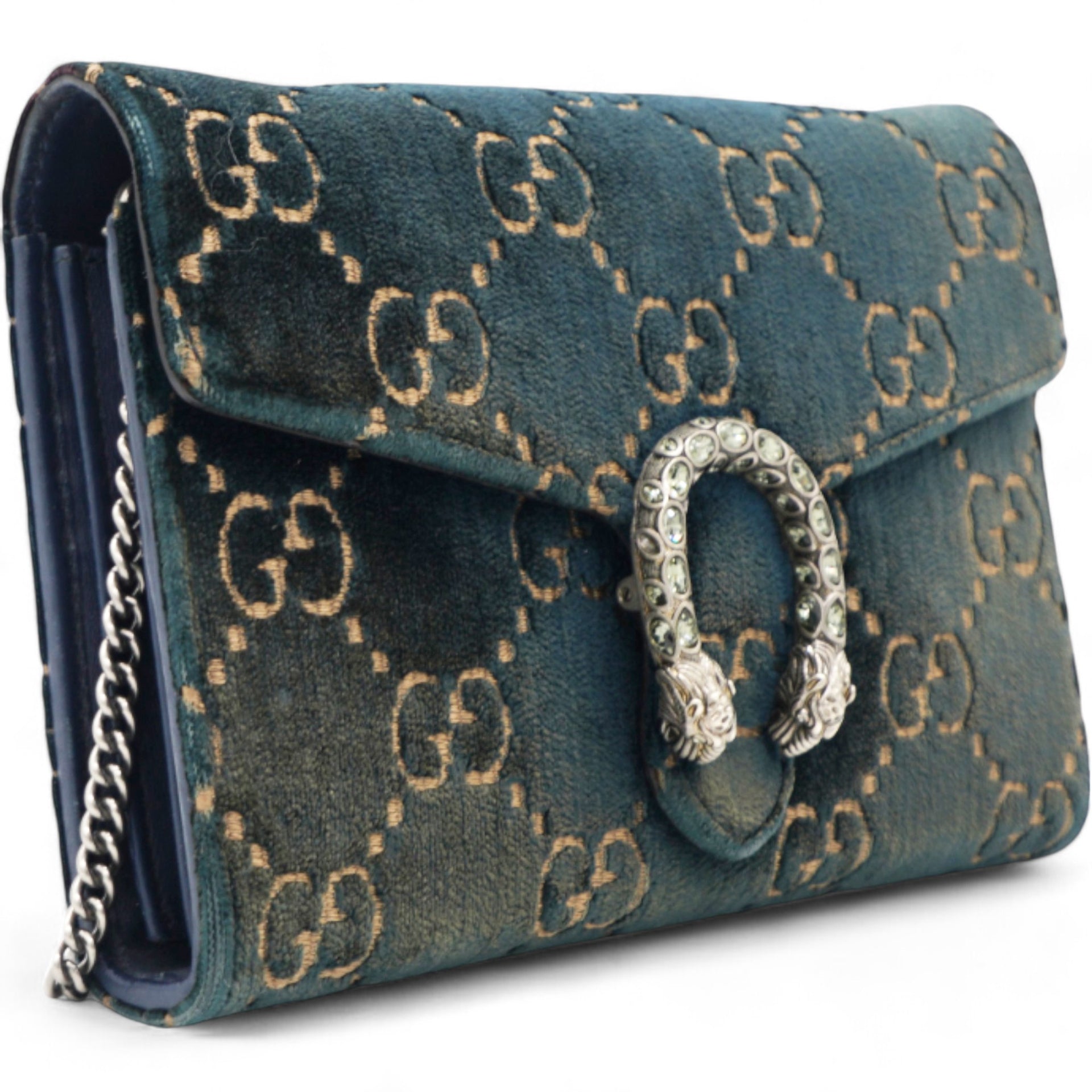 Gucci Velvet Crystal GG Monogram Dionysus Chain Wallet Blue STYLISHTOP