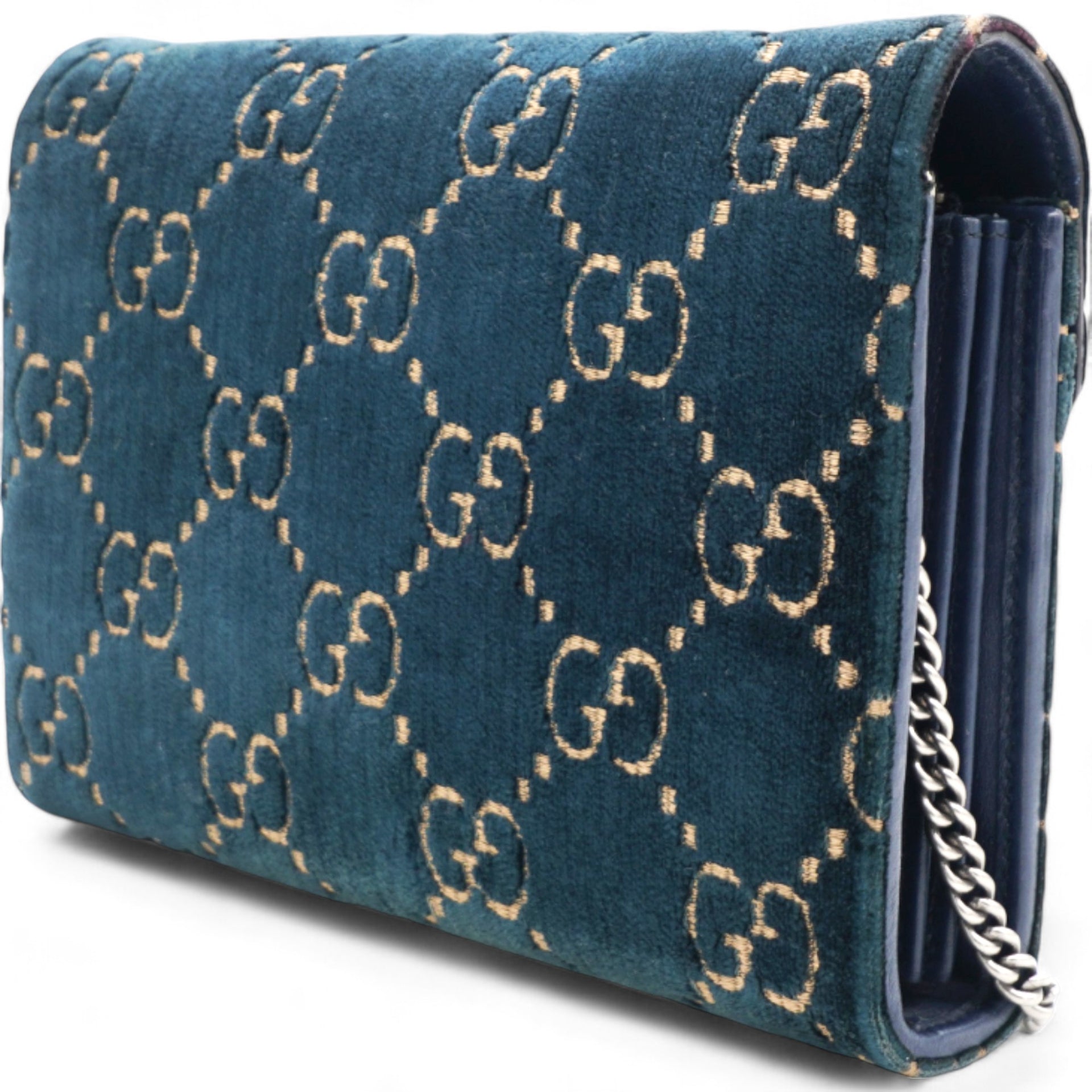 Velvet Crystal GG Monogram Dionysus Chain Wallet Blue