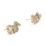 Gold Metal And Crystal Logo Letter Stud Earrings