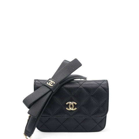 Lambskin Quilted Mini Coco Bow Clutch With Chain Black