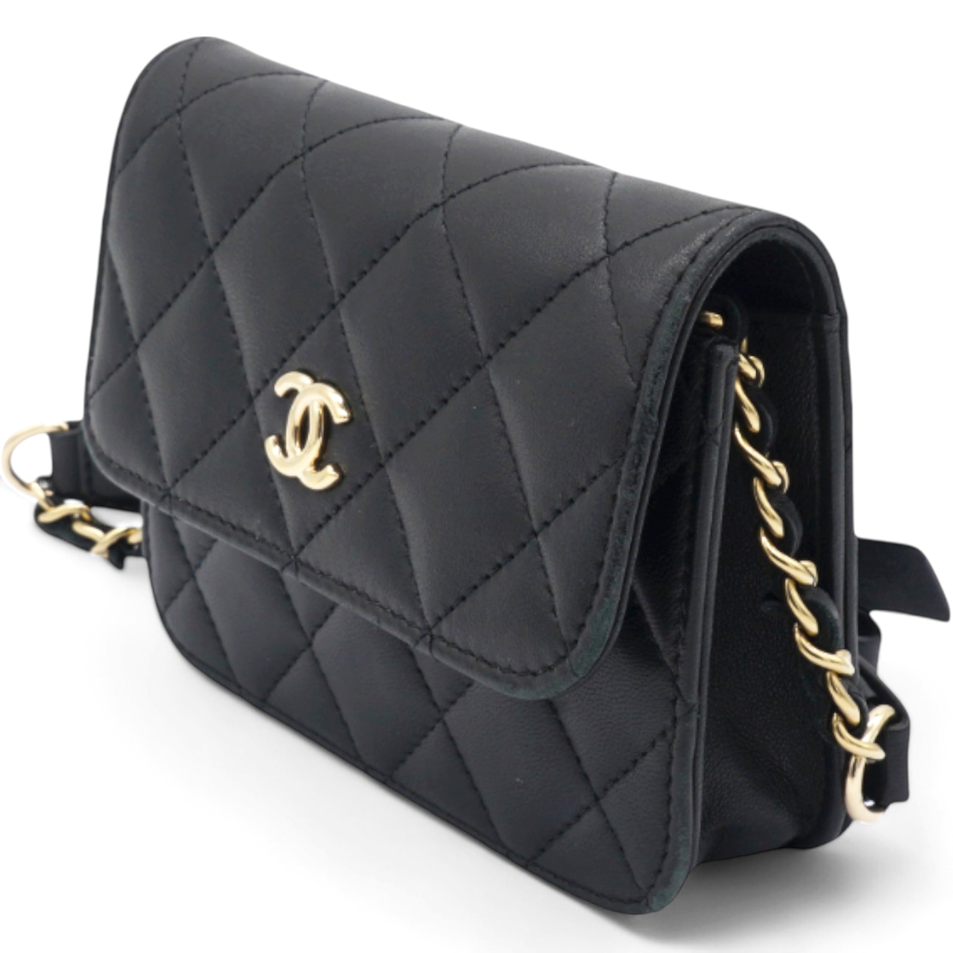 Lambskin Quilted Mini Coco Bow Clutch With Chain Black