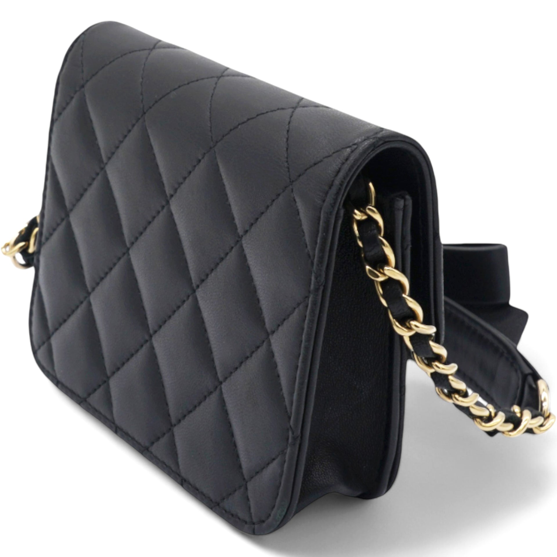 Lambskin Quilted Mini Coco Bow Clutch With Chain Black