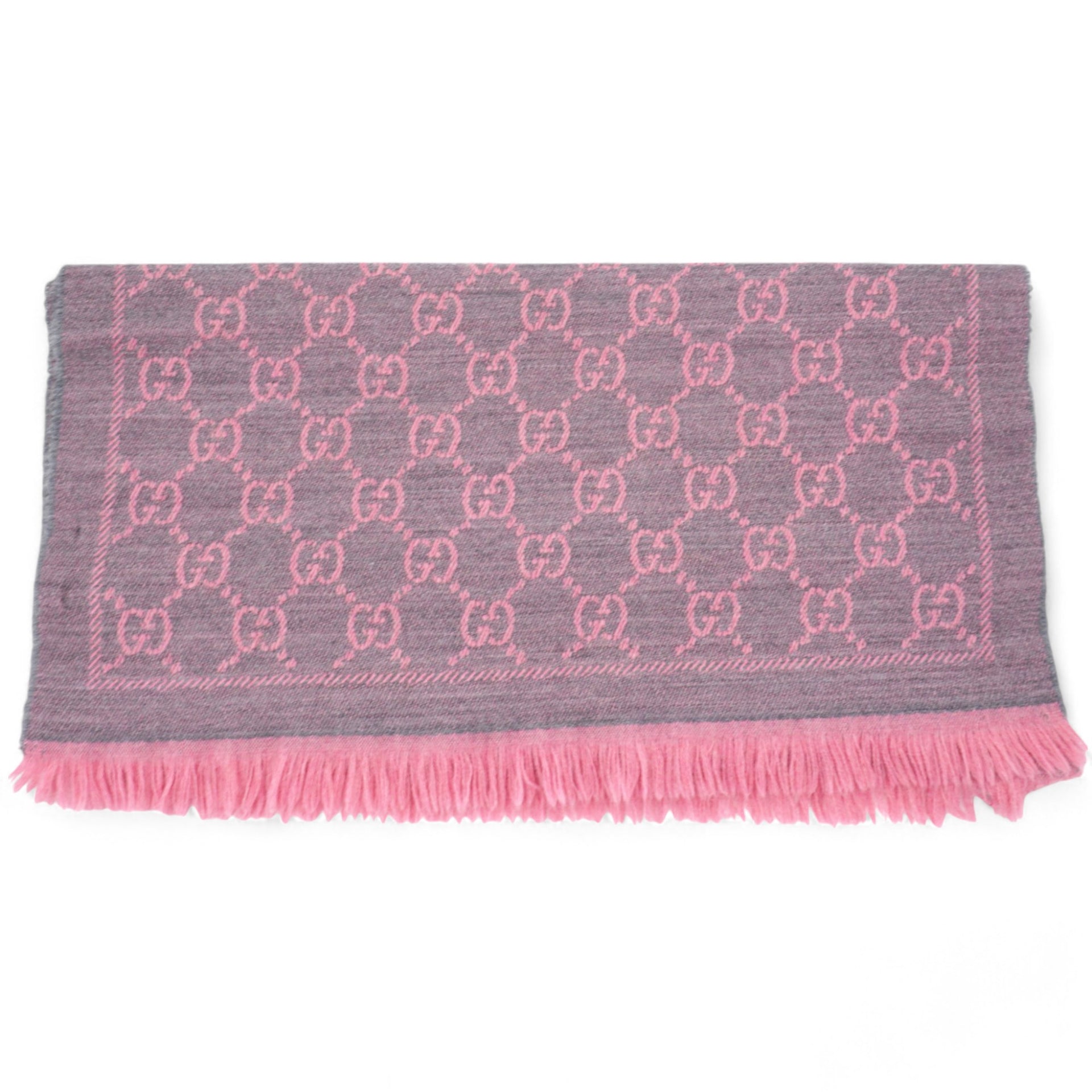 Wool Jacquard GG Monogram Sten Fringe Scarf Graphite Pink