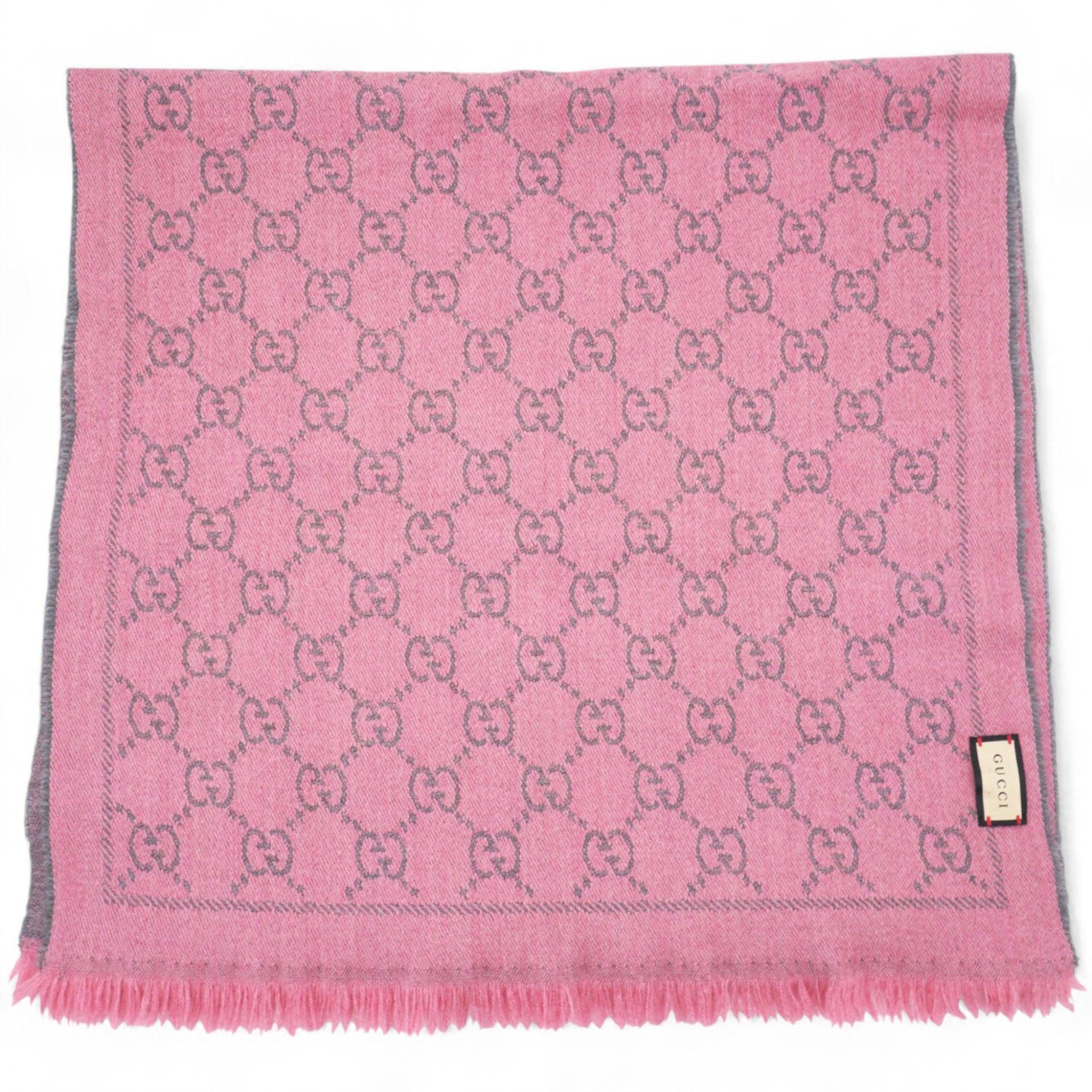 Wool Jacquard GG Monogram Sten Fringe Scarf Graphite Pink