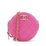 Caviar Quilted Crystal CC Round Clutch With Chain Pink