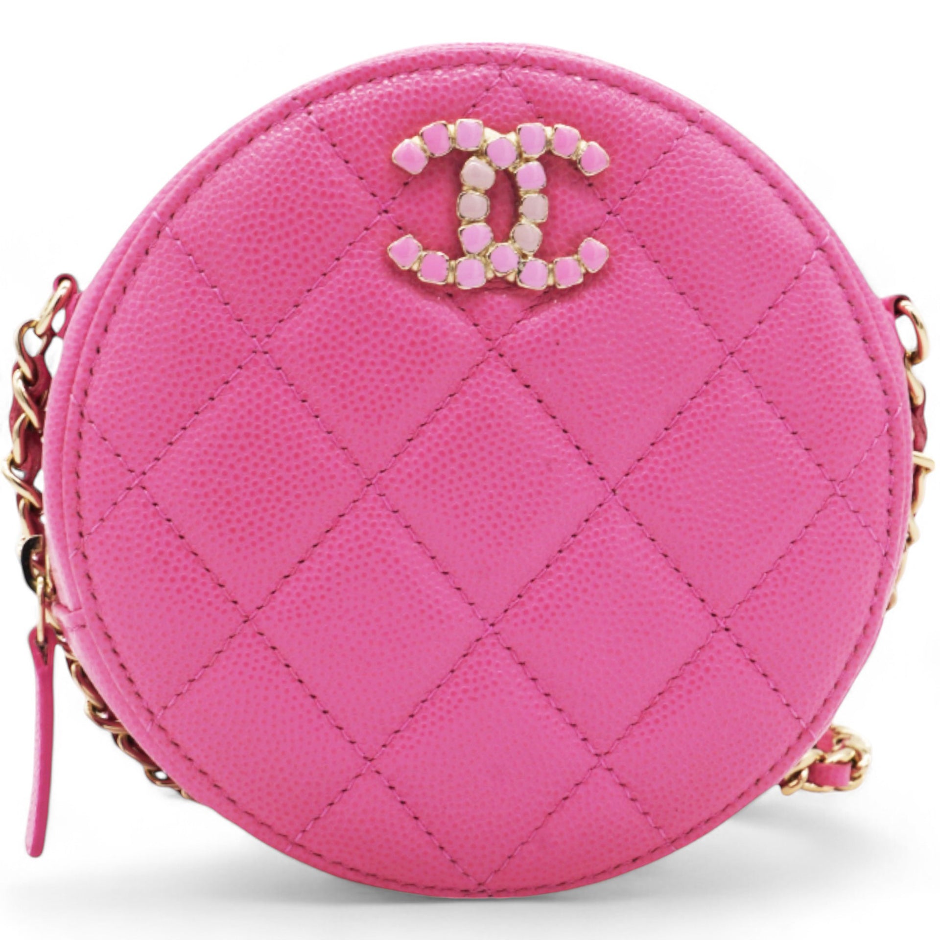 Caviar Quilted Crystal CC Round Clutch With Chain Pink