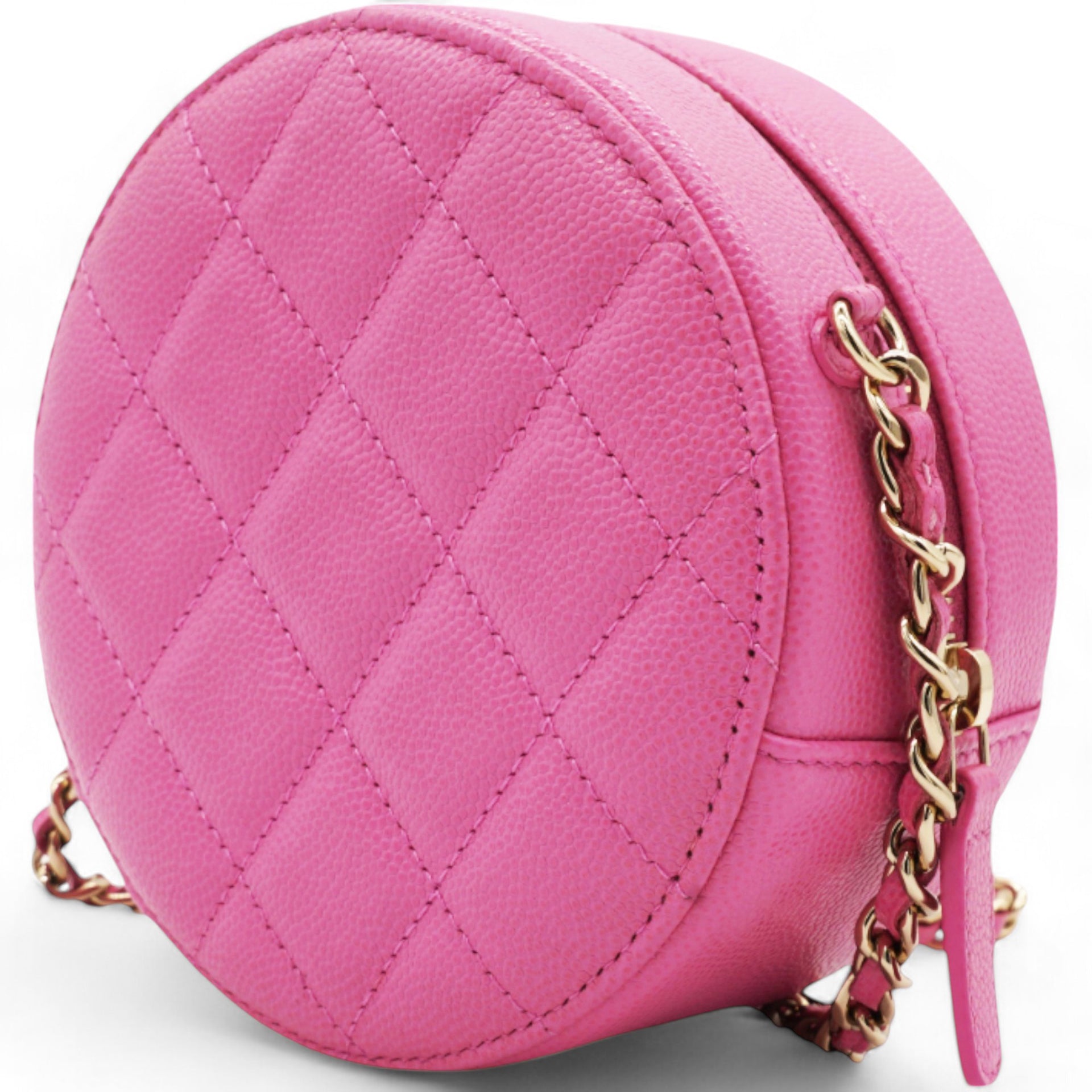 Caviar Quilted Crystal CC Round Clutch With Chain Pink