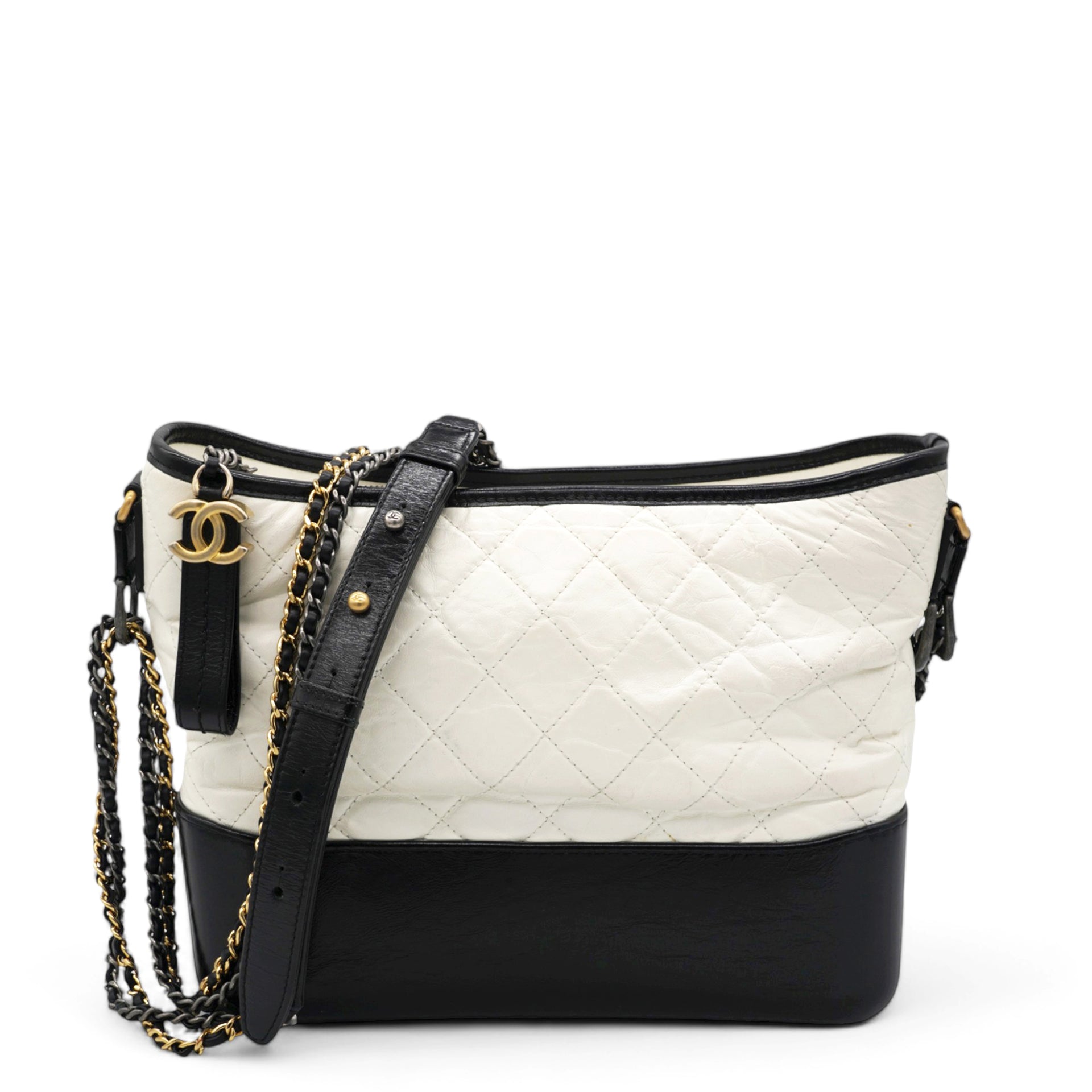 Aged Calfskin Quilted Medium Gabrielle Hobo Black White