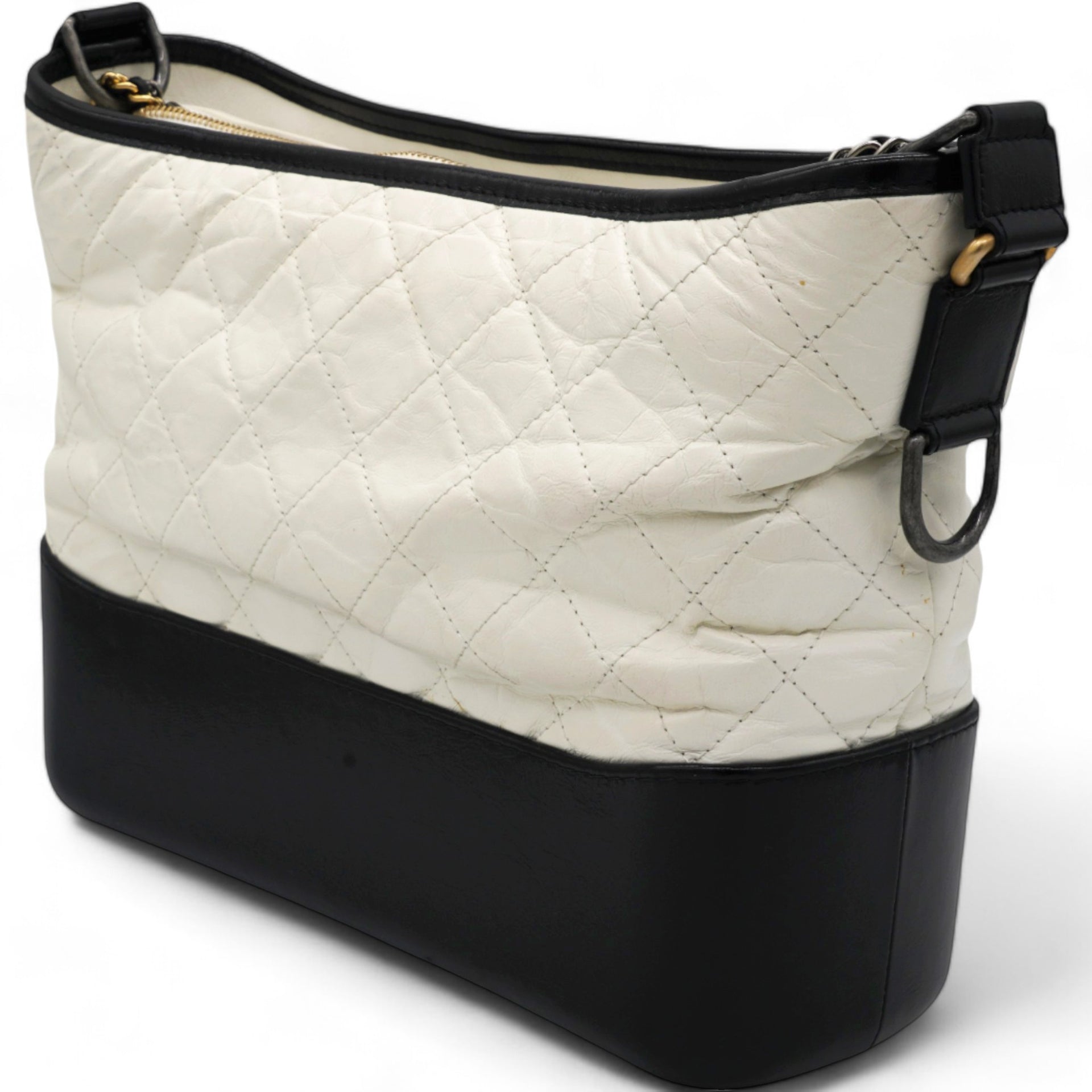 Aged Calfskin Quilted Medium Gabrielle Hobo Black White