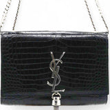 Calfskin Crocodile Embossed Classic Monogram Kate Tassel Satchel Black