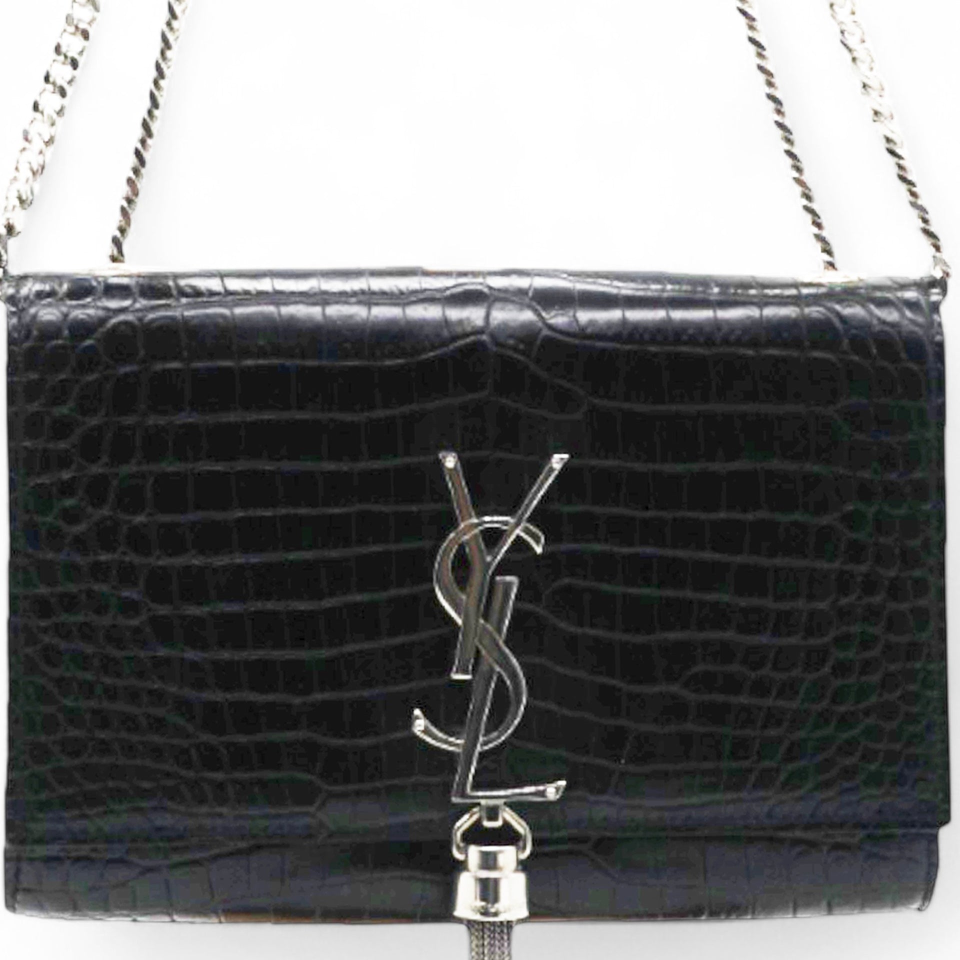 Calfskin Crocodile Embossed Classic Monogram Kate Tassel Satchel Black