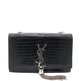 Calfskin Crocodile Embossed Classic Monogram Kate Tassel Satchel Black