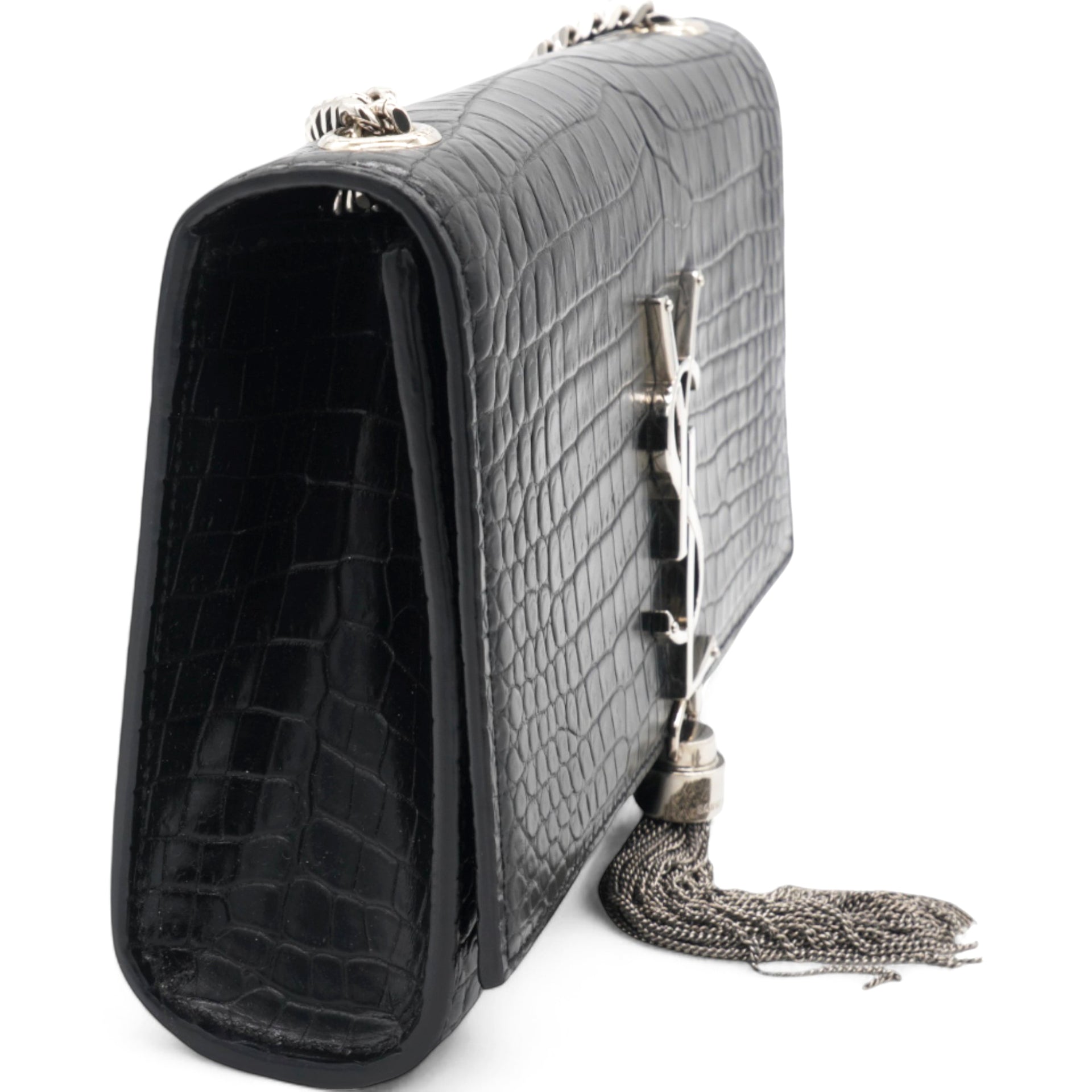 Calfskin Crocodile Embossed Classic Monogram Kate Tassel Satchel Black