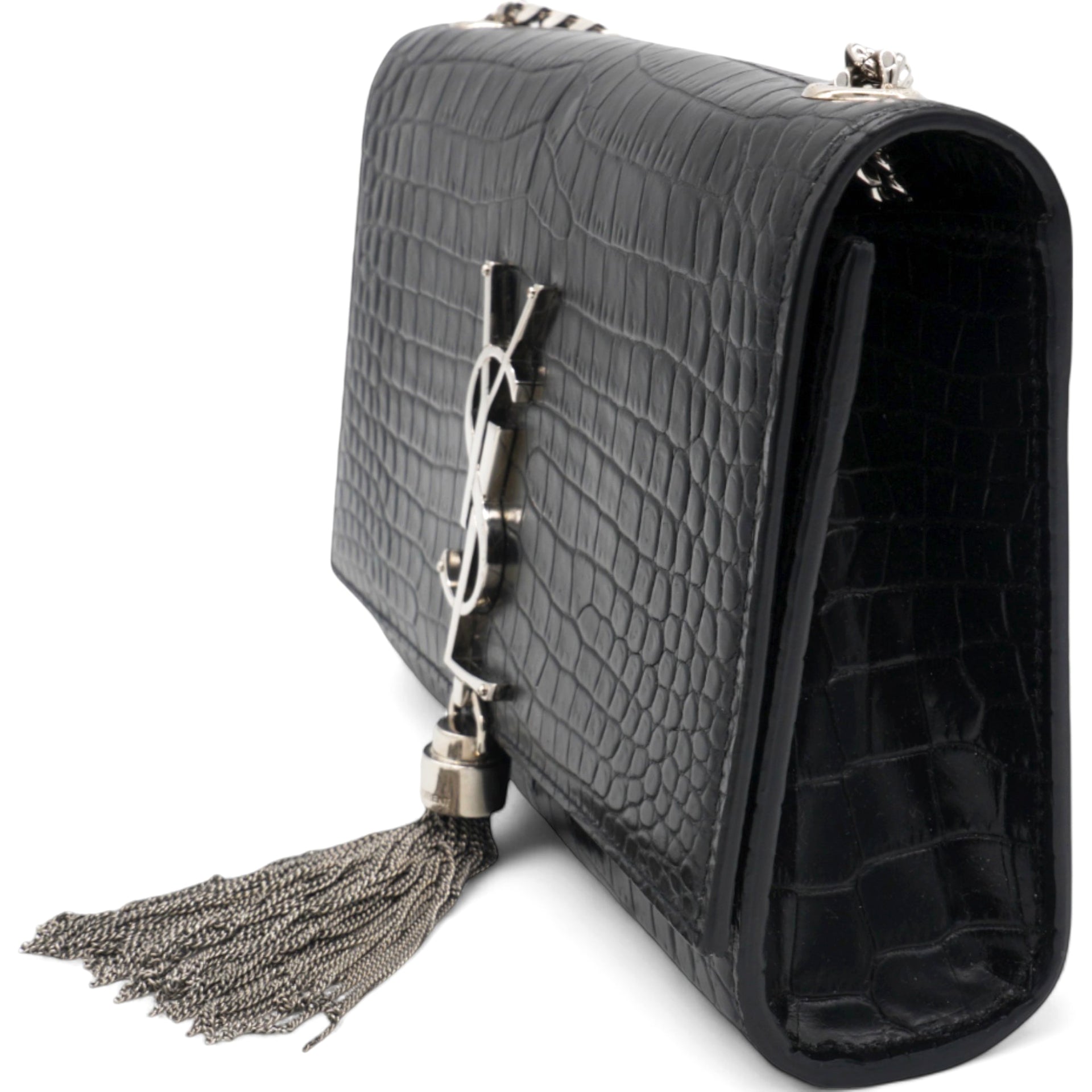 Calfskin Crocodile Embossed Classic Monogram Kate Tassel Satchel Black