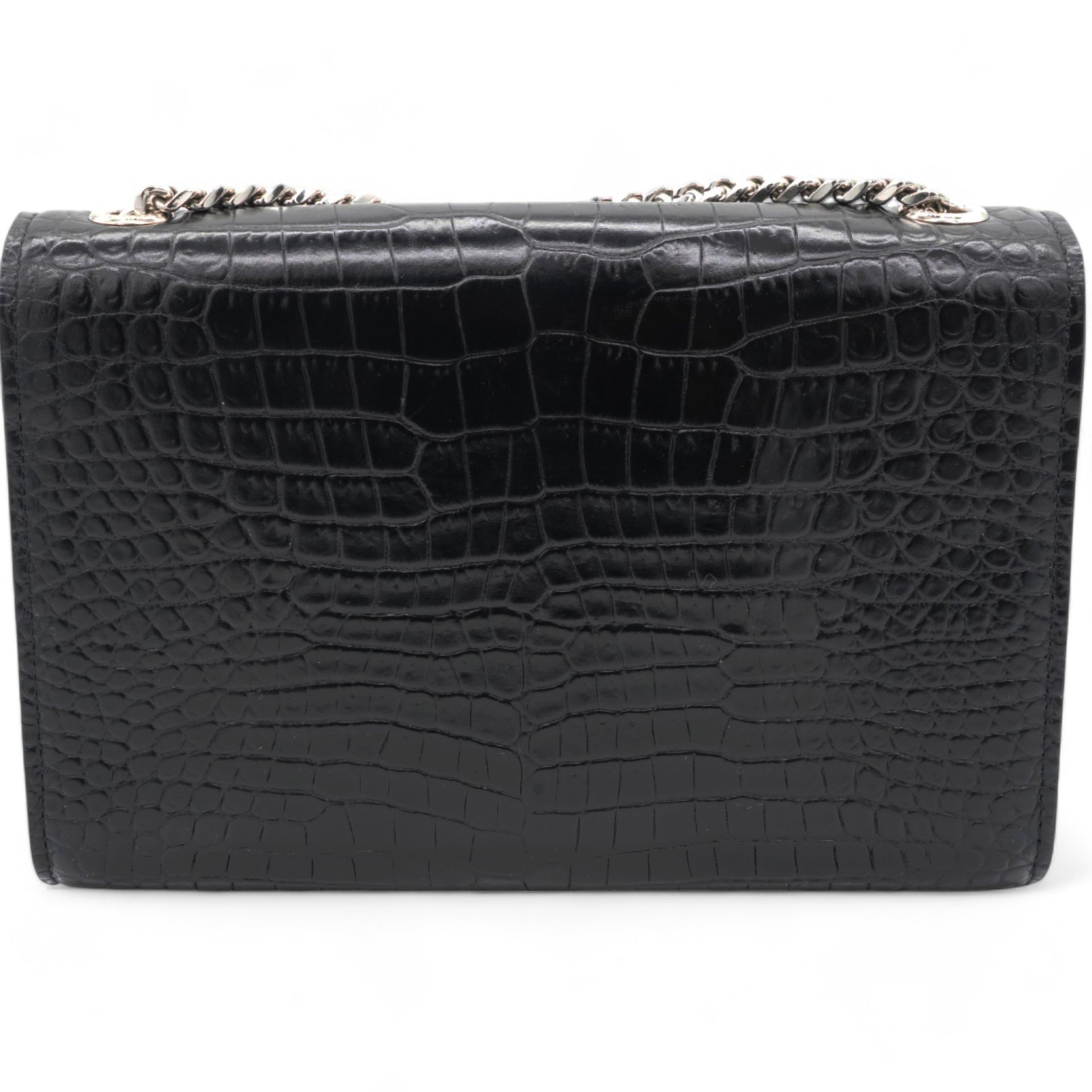 Calfskin Crocodile Embossed Classic Monogram Kate Tassel Satchel Black