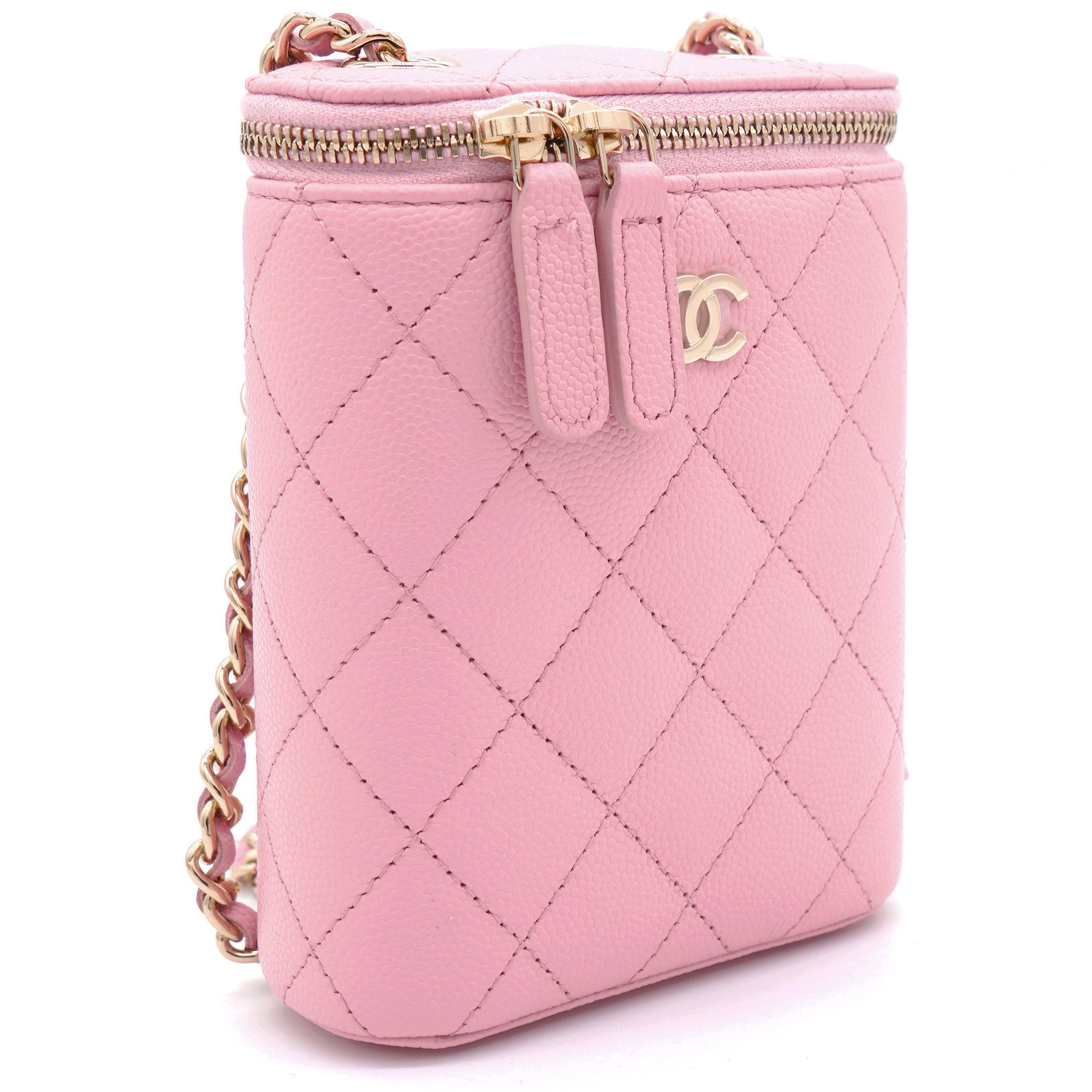 Caviar Quilted Small Vertical Coco Beauty Vanity Case With Chain Pink Sakura