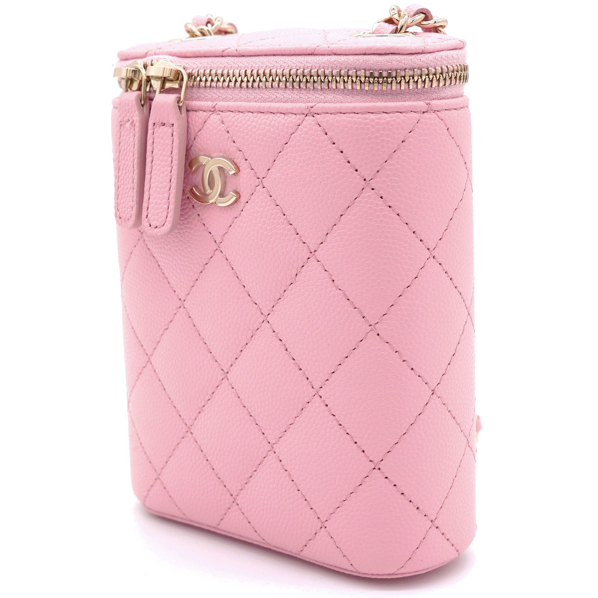 Caviar Quilted Small Vertical Coco Beauty Vanity Case With Chain Pink Sakura