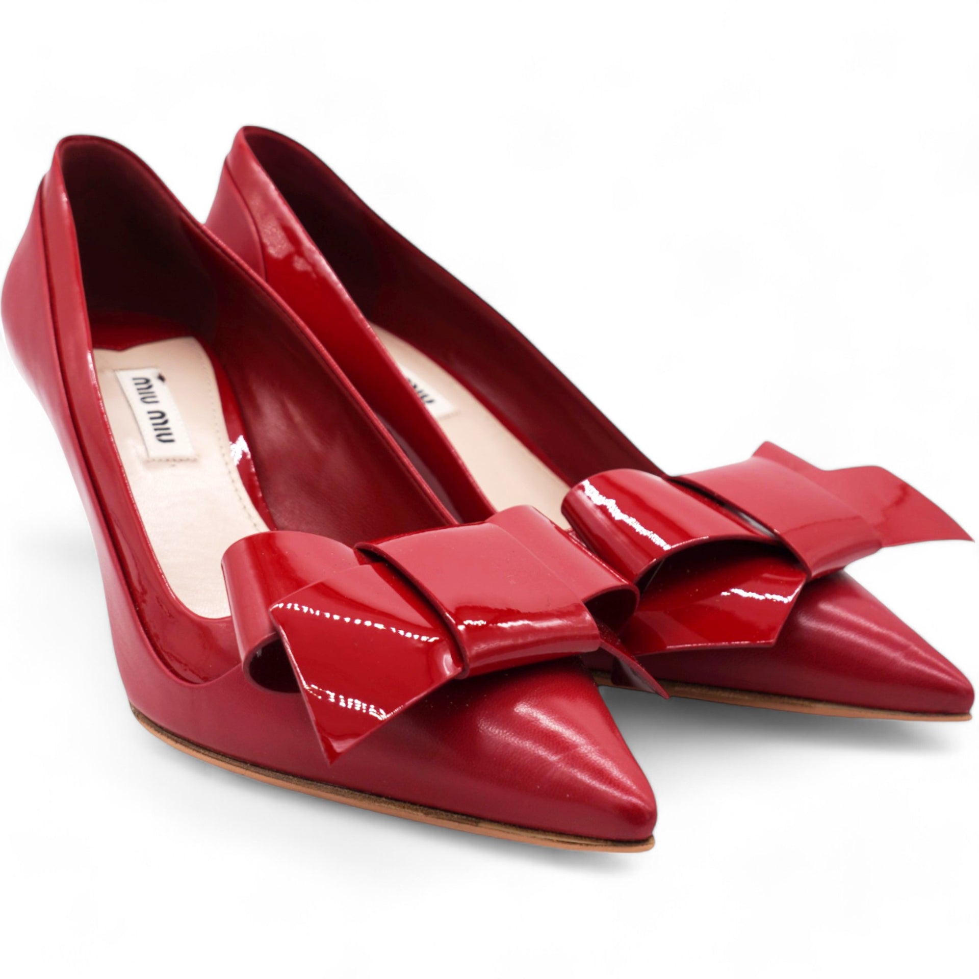 Dark Red Patent Leather Bow Pointed Toe Pumps Size 37.5