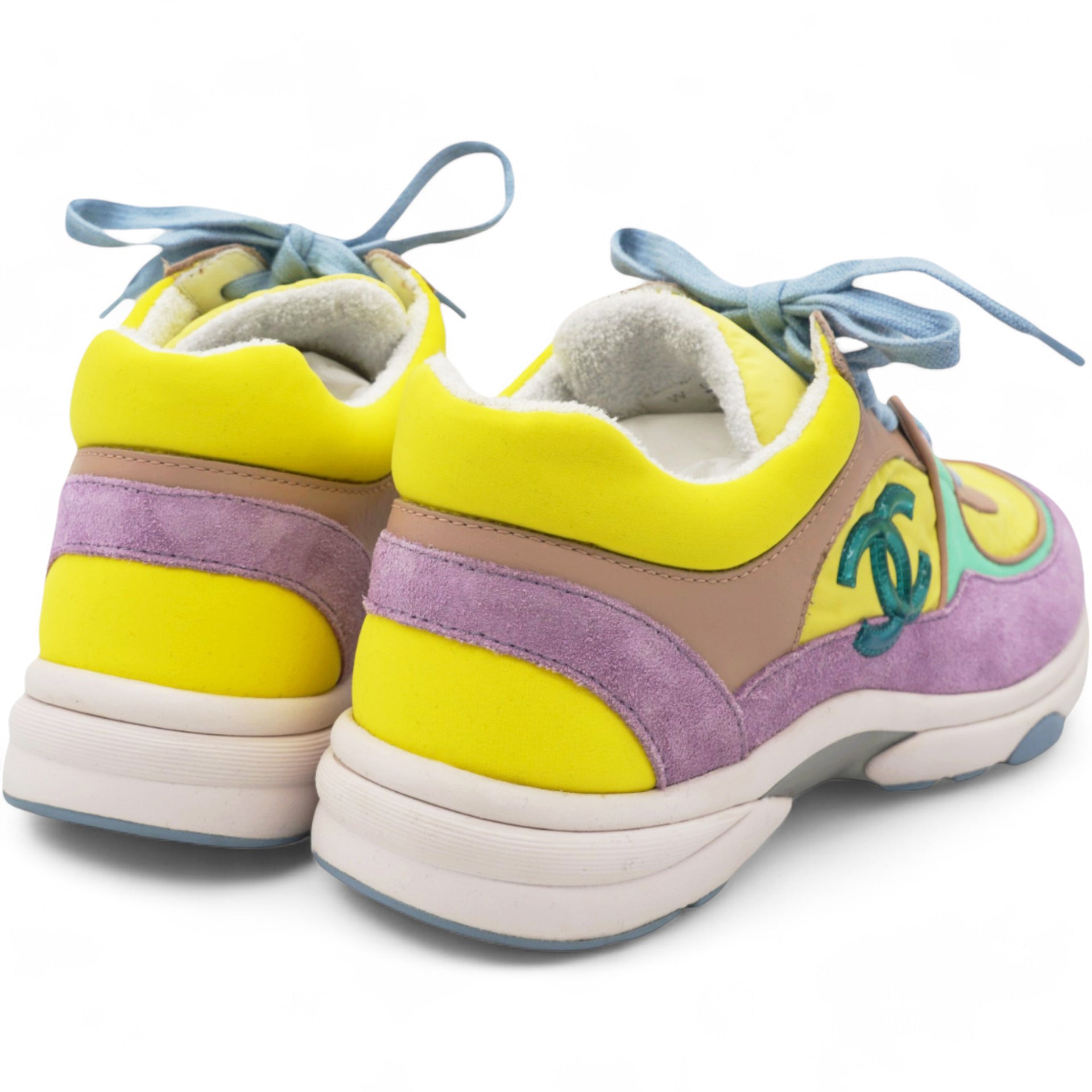 Nylon Lambskin Calfskin Suede CC Womens Sneakers Pink Yellow Purple Size 37