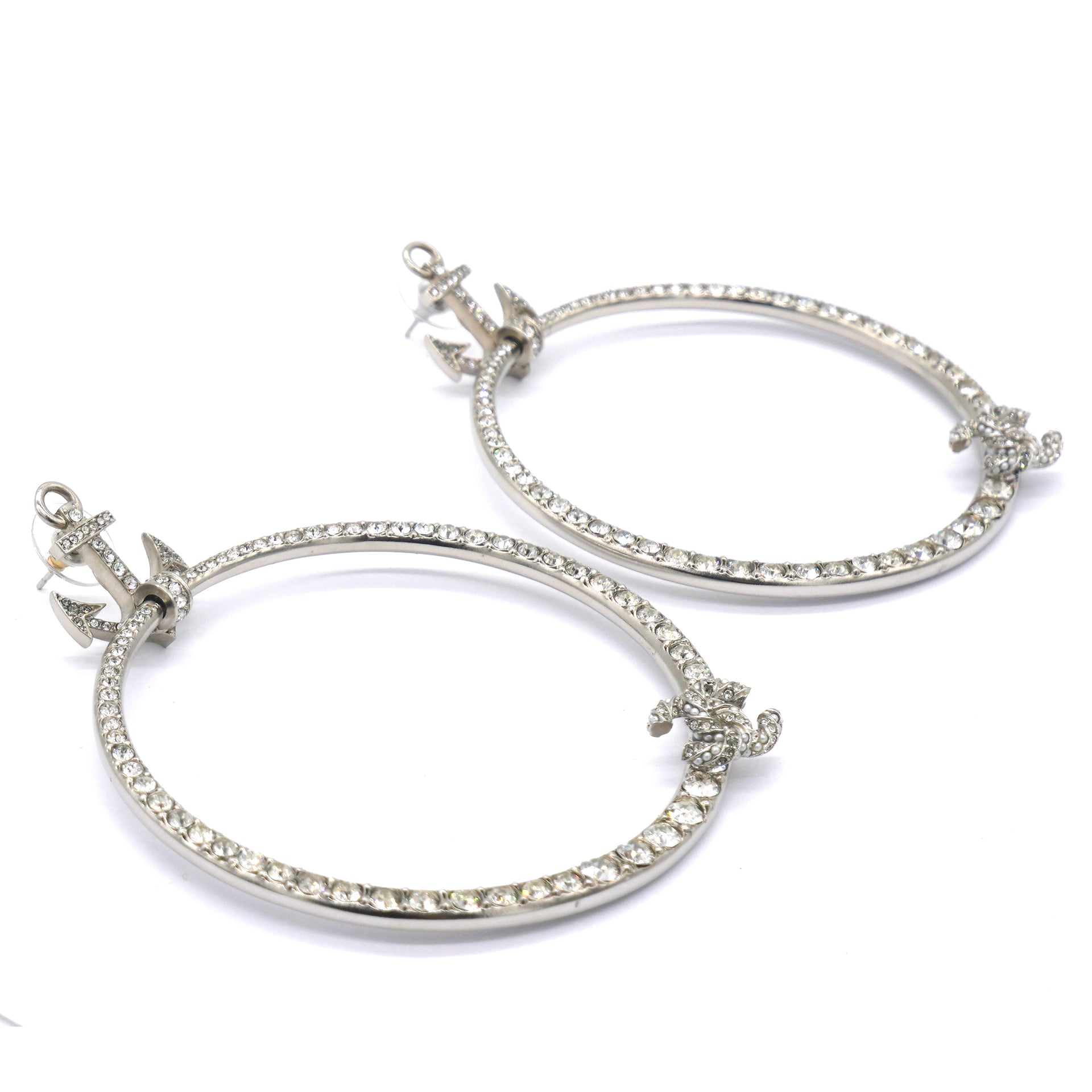 Crystal Anchor CC Hoop Earrings Silver