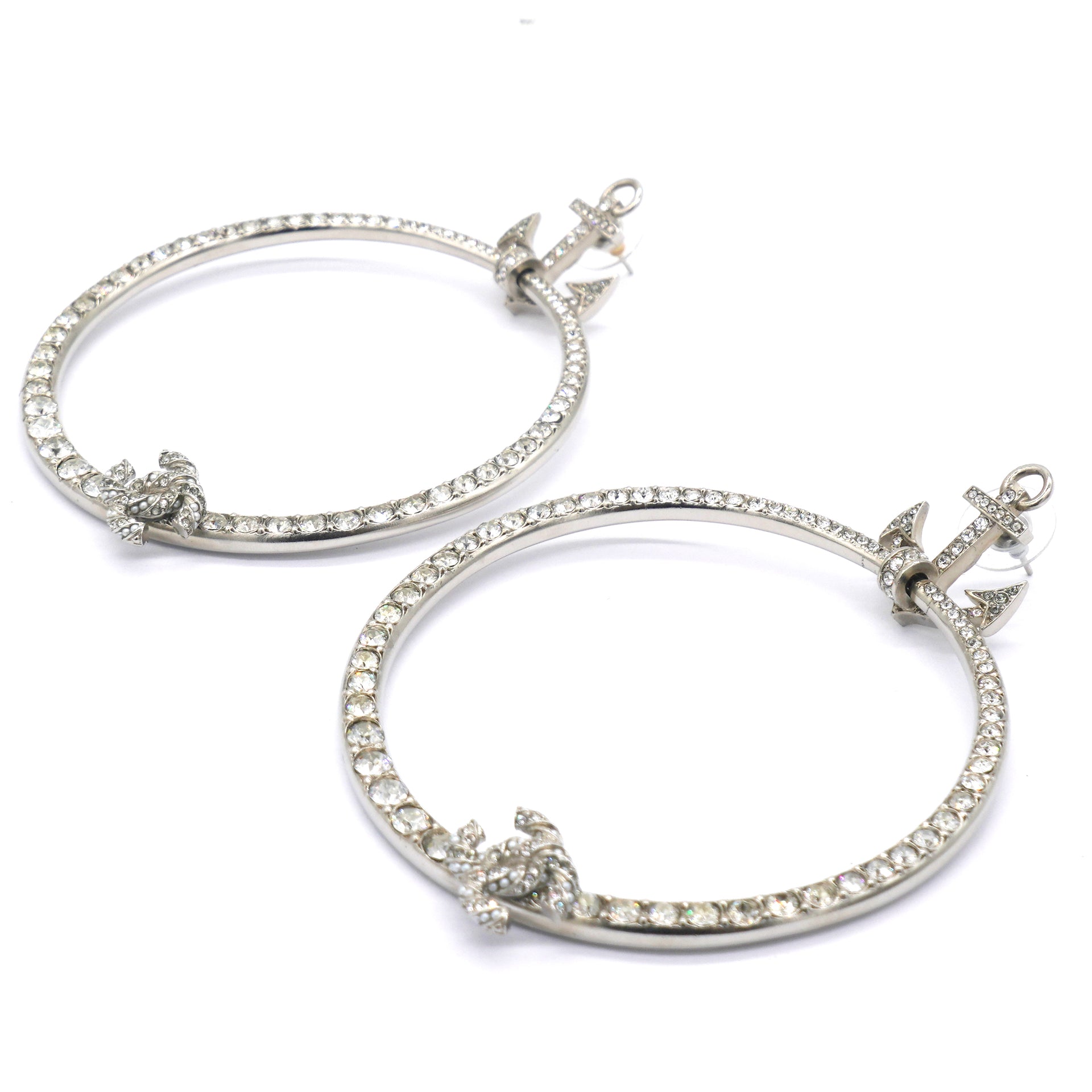 Crystal Anchor CC Hoop Earrings Silver