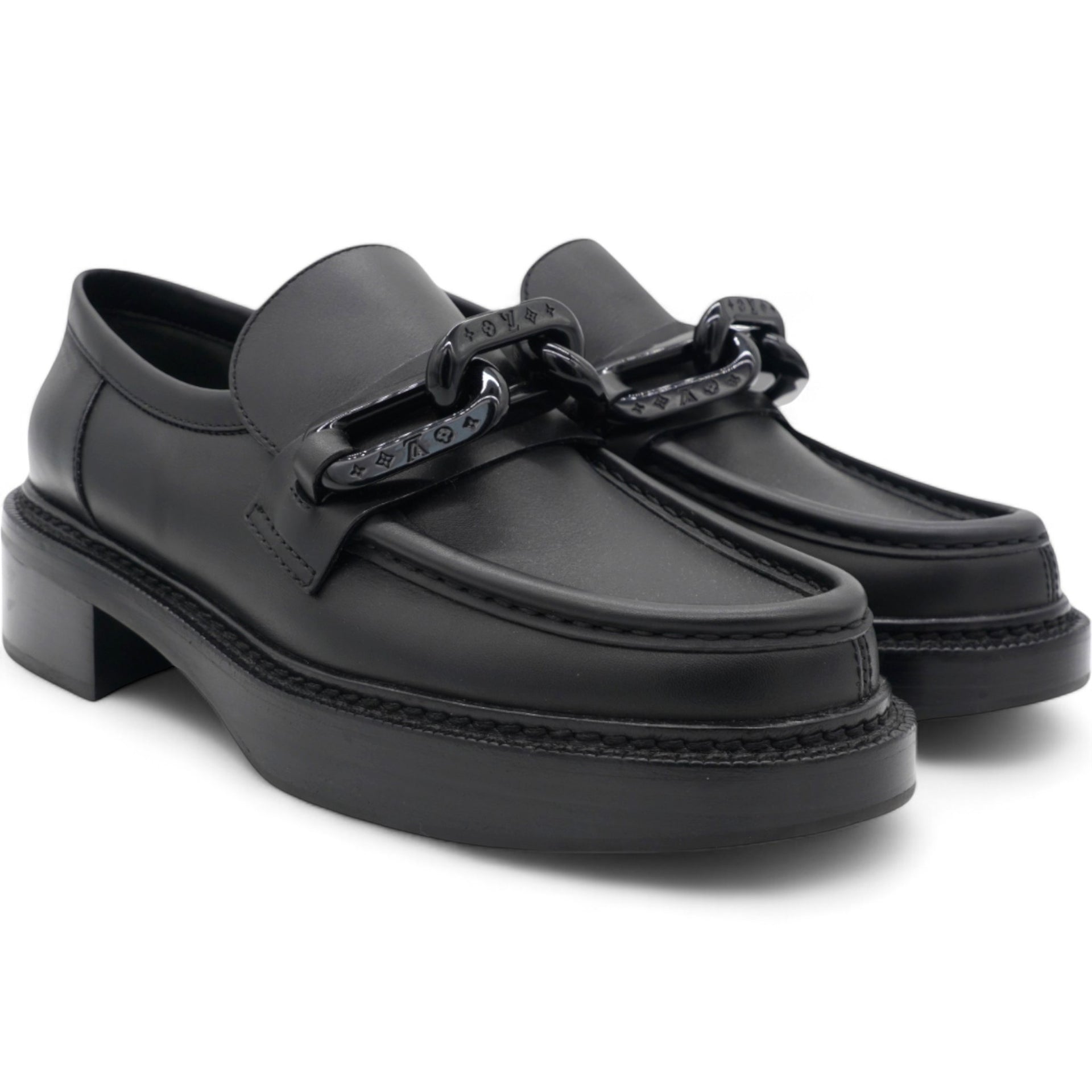 Calfskin Oversized Chain Academy Loafers Black Size 38.5