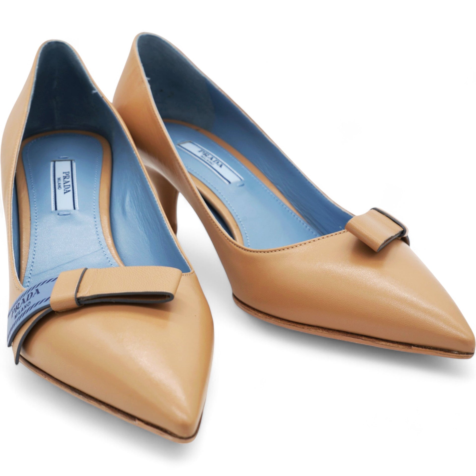 Beige/Blue Leather Bow Pumps Size 38