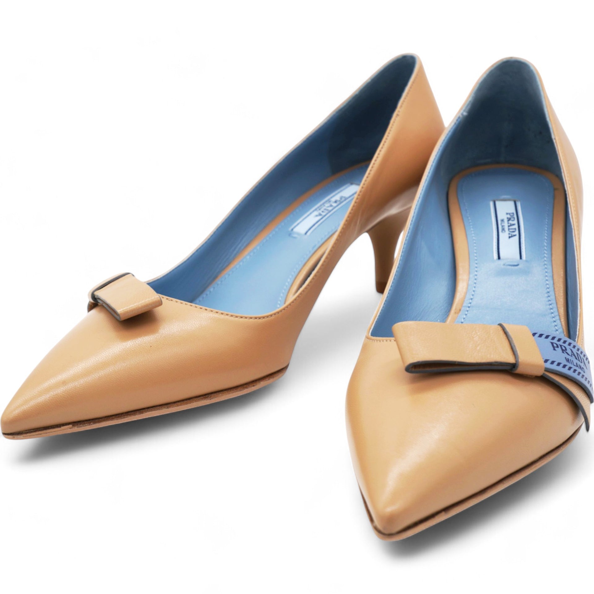 Beige/Blue Leather Bow Pumps Size 38