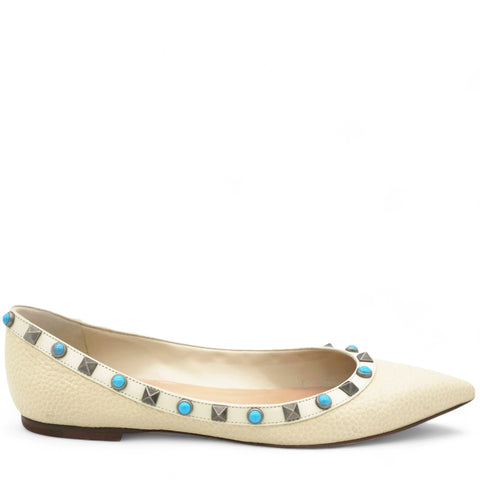 Garavani  Pebbled Calfskin Rockstud Rolling Ballerina Flats Ivory Size 37