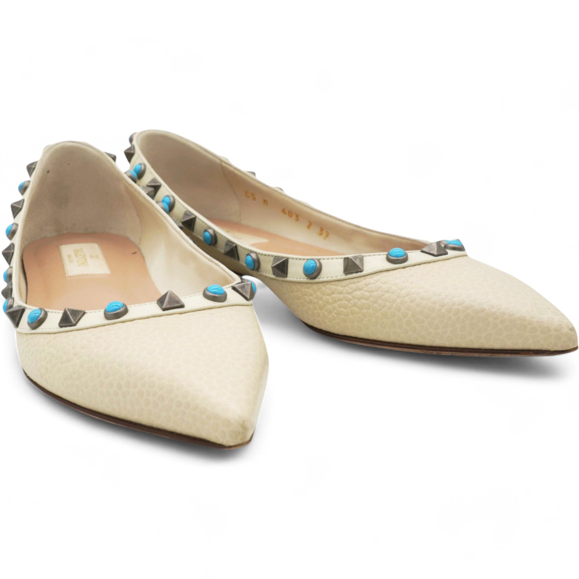 Garavani  Pebbled Calfskin Rockstud Rolling Ballerina Flats Ivory Size 37