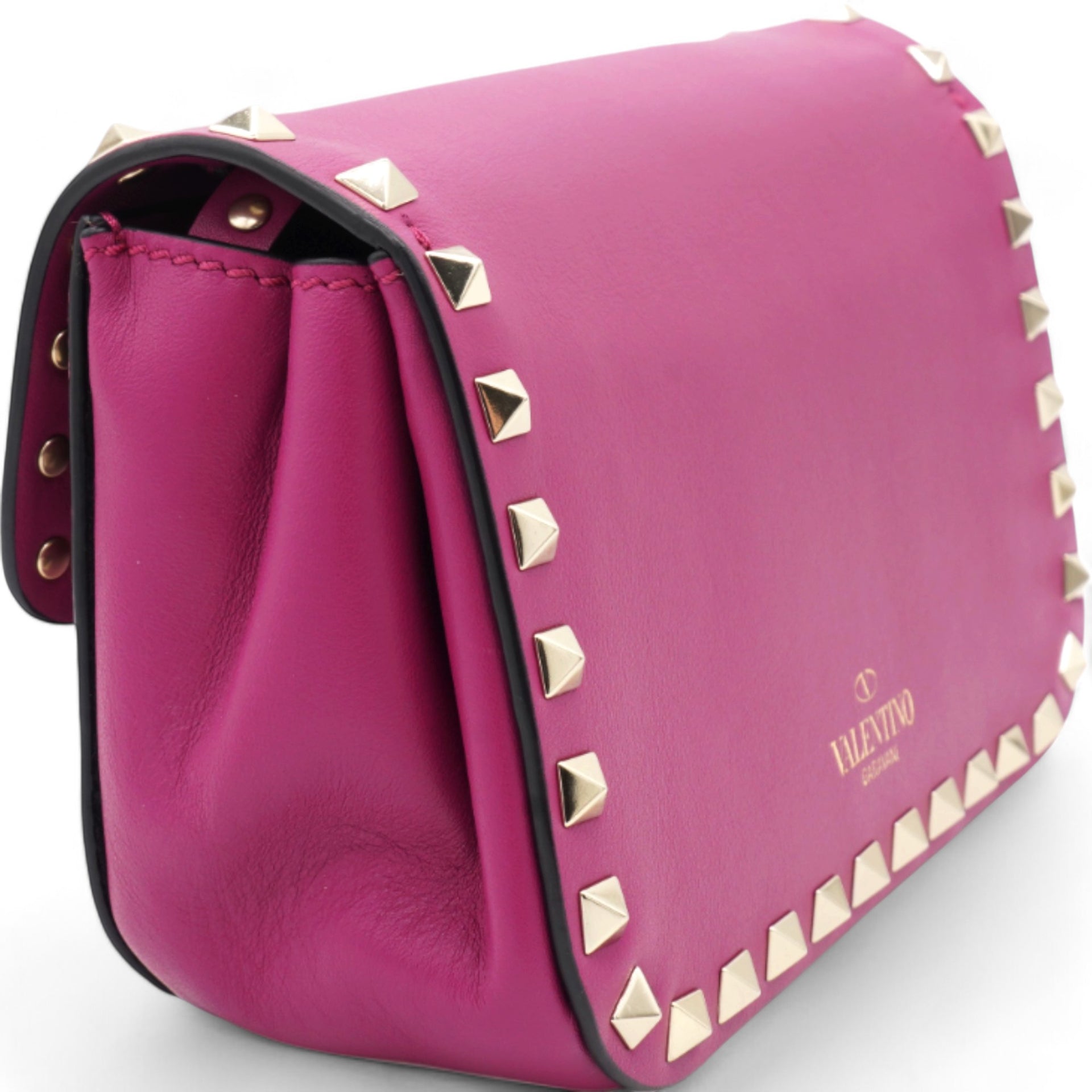 Vitello Rockstud Flap Saddle Crossbody Bag Fuxia Mini