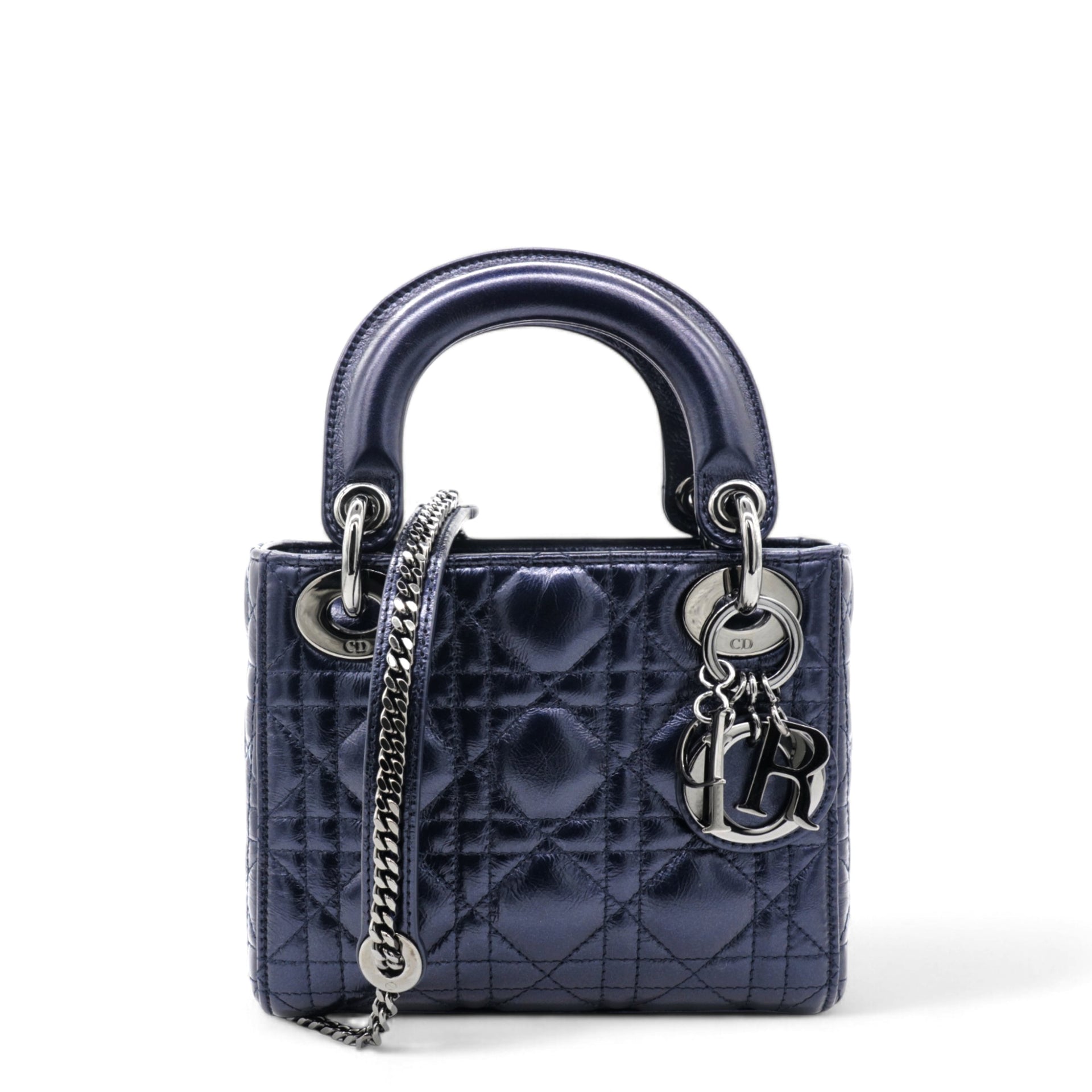 Metallic Lambskin Cannage Mini Lady Dior Dew Bleu