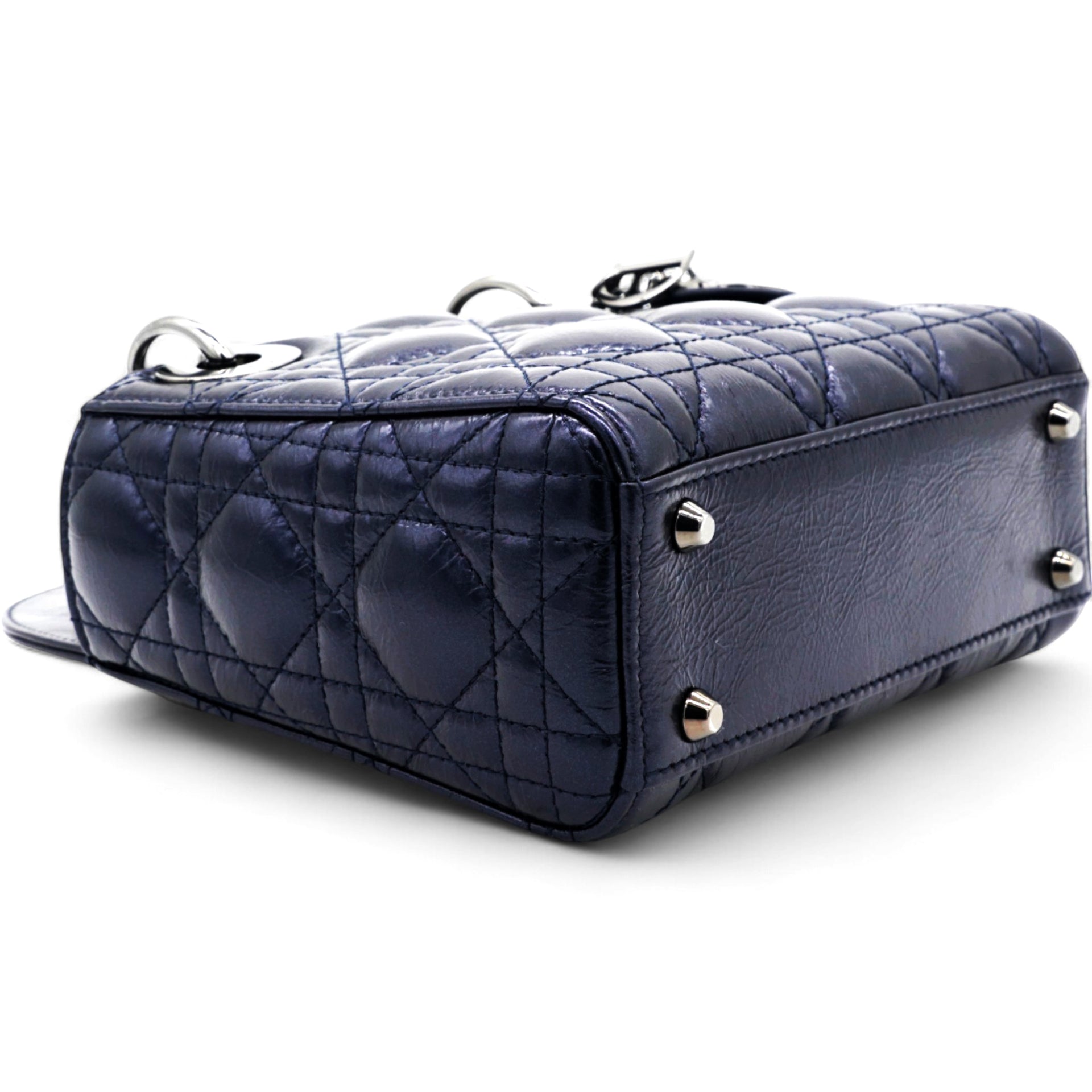 Metallic Lambskin Cannage Mini Lady Dior Dew Bleu